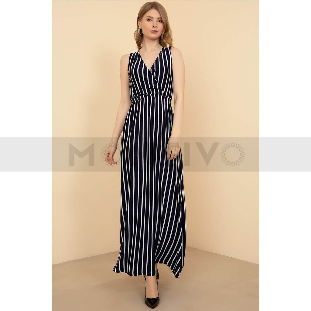 Navy Blue Waist Elastic Striped Dress | Montivo Pakistan