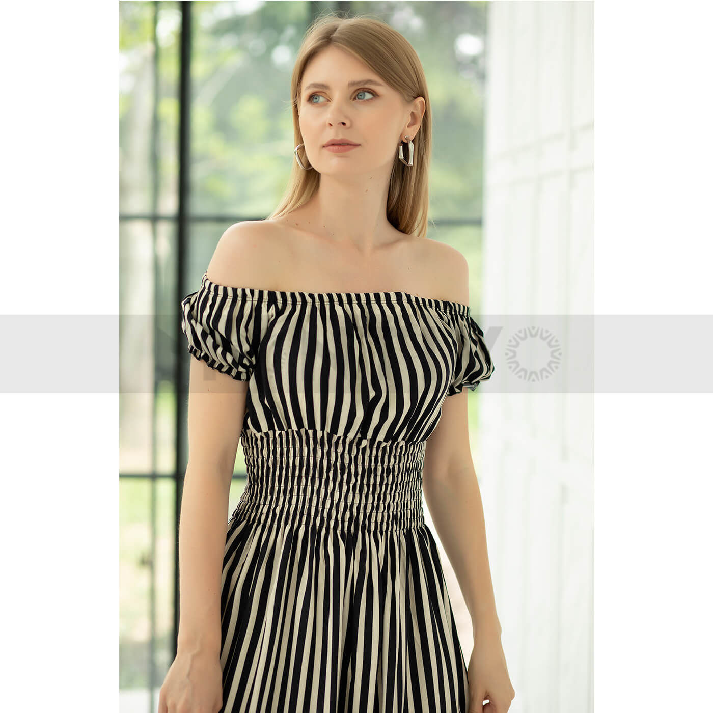 Off-Shoulder Striped Dress | Montivo Pakistan