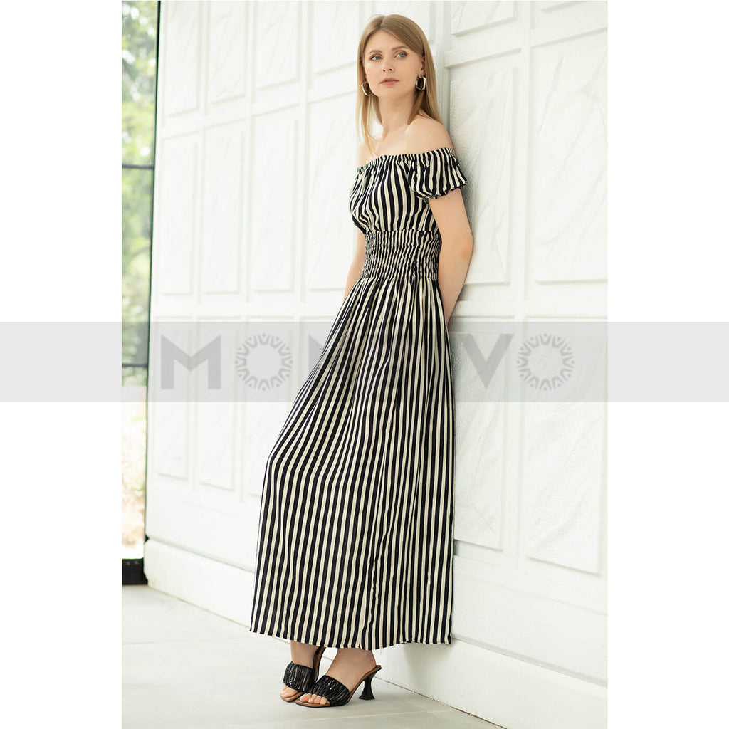 Off-Shoulder Striped Dress | Montivo Pakistan