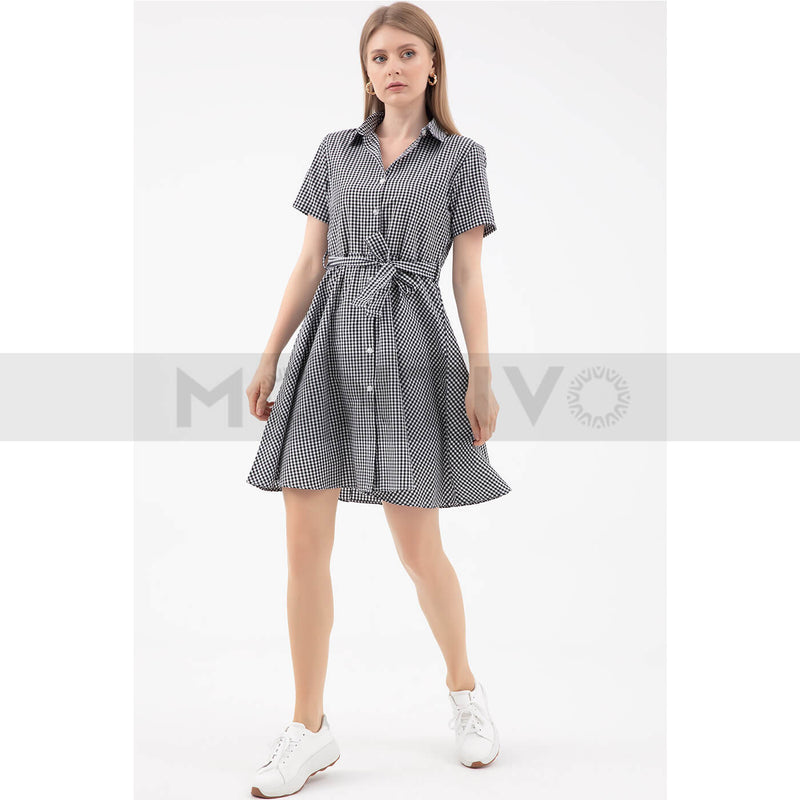 Black Check Belted Dress | Montivo Pakistan