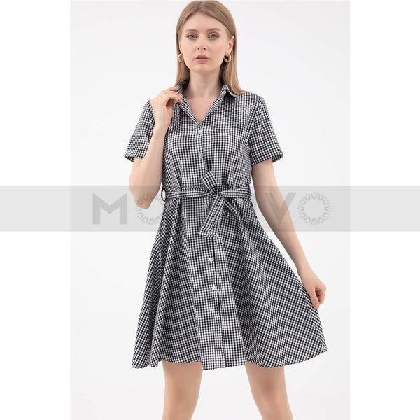 Black Check Belted Dress | Montivo Pakistan
