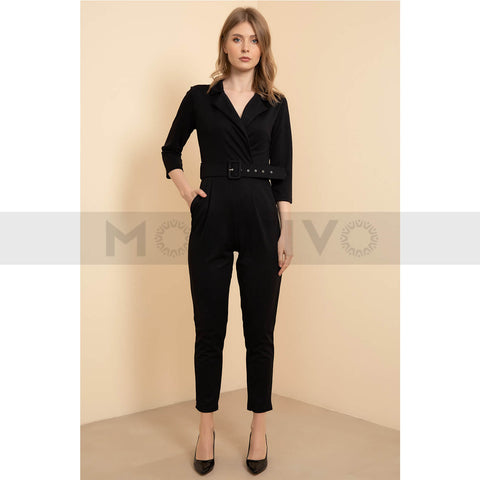 Black Shirt Collar Belted Jumpsuit | Montivo Pakistan