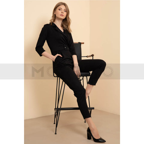 Black Shirt Collar Belted Jumpsuit | Montivo Pakistan