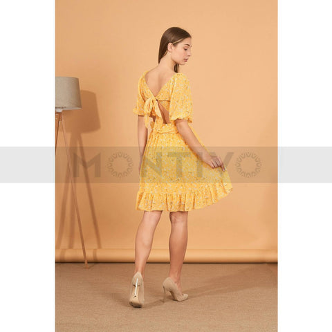Yellow Back Tie Chiffon Dress | Montivo Pakistan