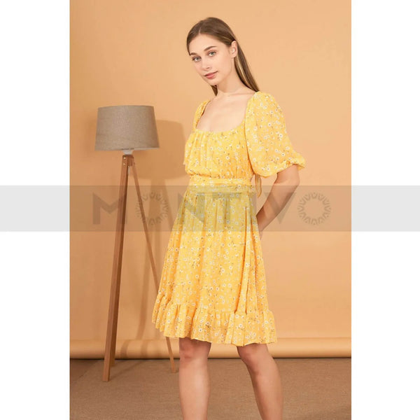 Yellow Back Tie Chiffon Dress | Montivo Pakistan