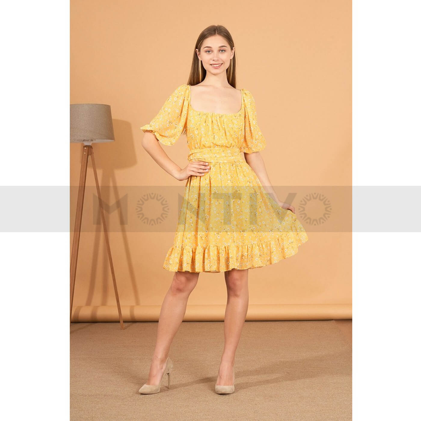 Yellow Back Tie Chiffon Dress | Montivo Pakistan