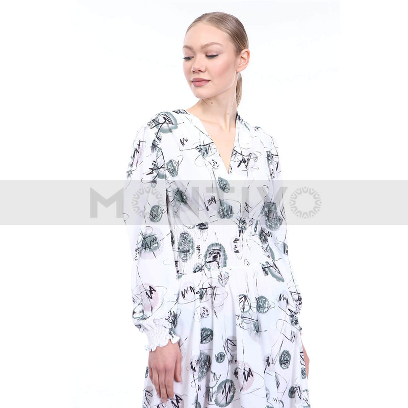 White Patterned Waist Pleated Dress | Montivo Pakistan