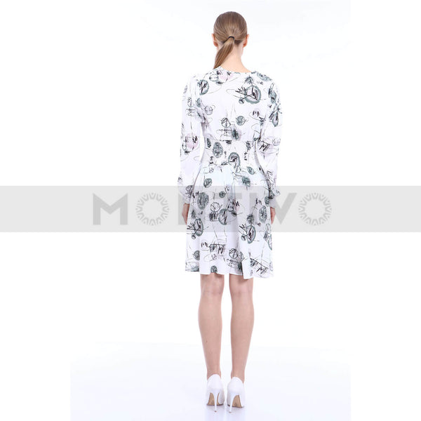 White Patterned Waist Pleated Dress | Montivo Pakistan