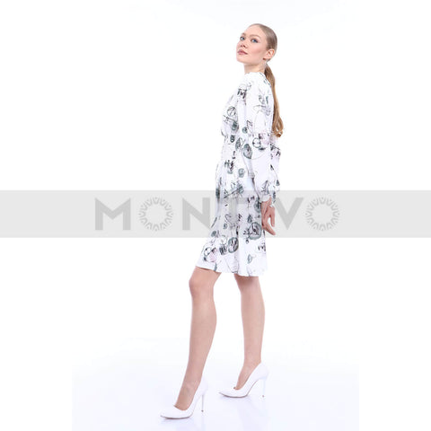 White Patterned Waist Pleated Dress | Montivo Pakistan