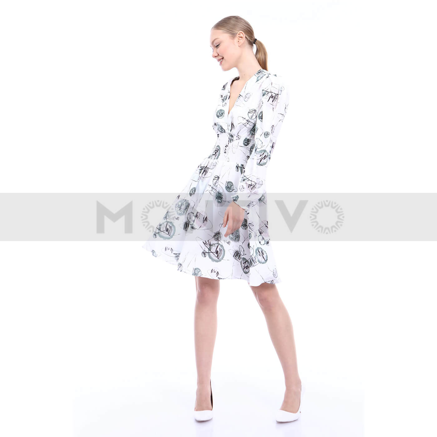 White Patterned Waist Pleated Dress | Montivo Pakistan