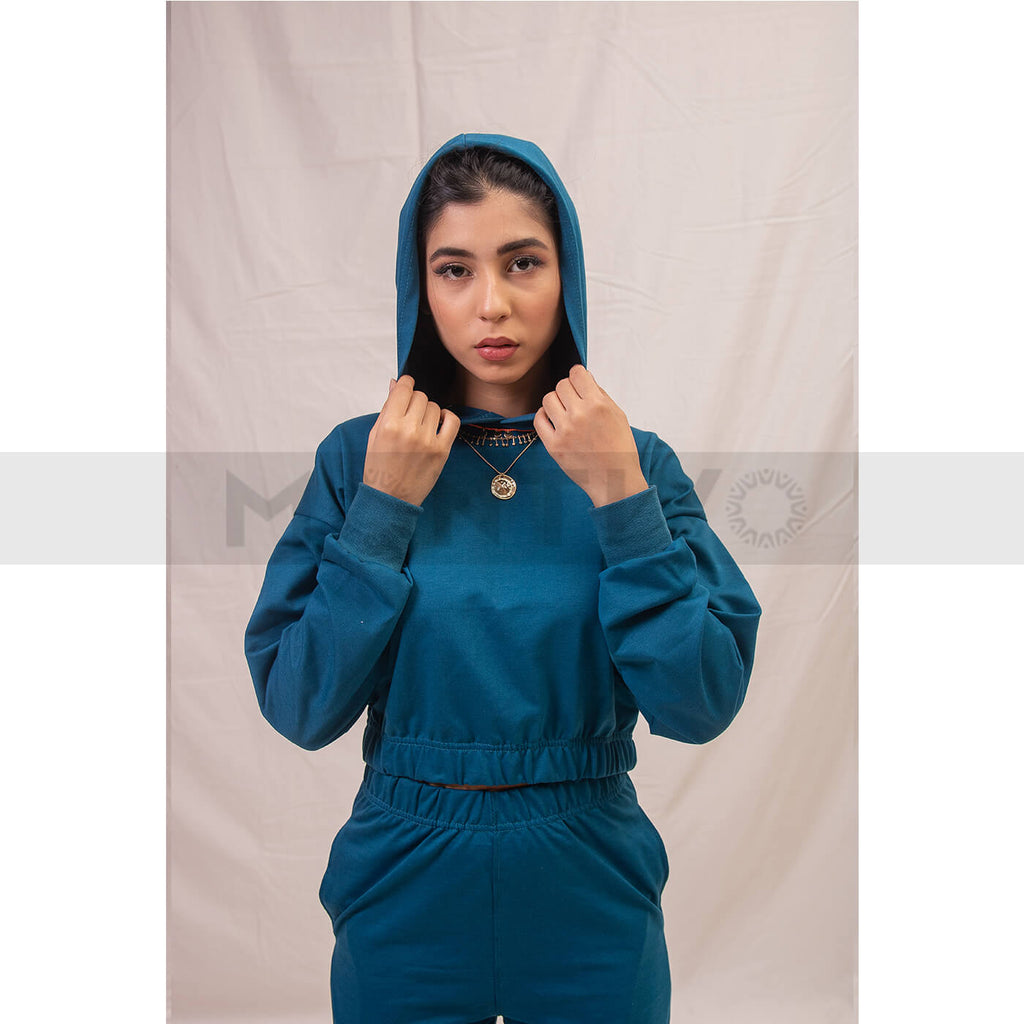 Teal Blue Oversized Cropped Hoodie | Montivo Pakistan