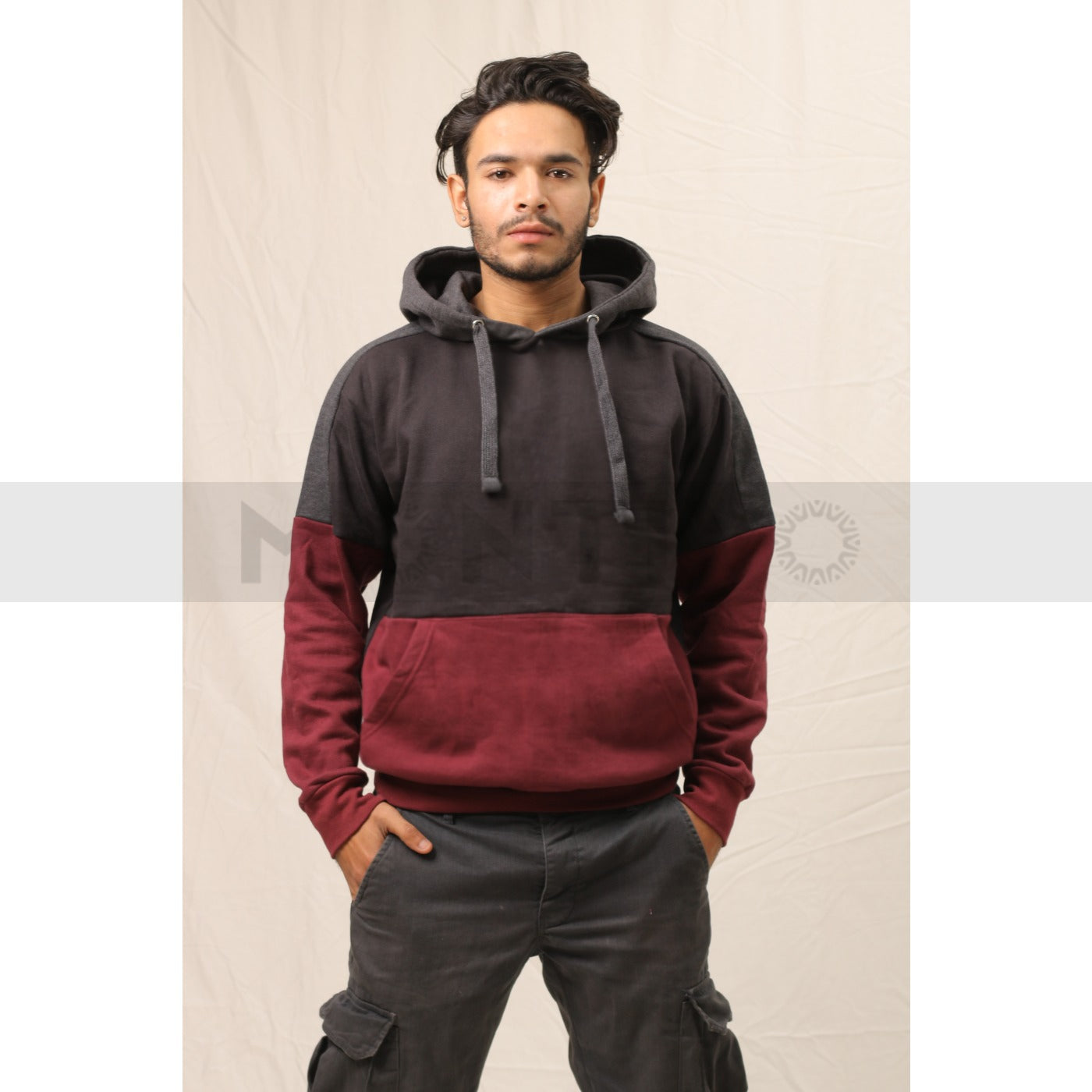 Burgundy Black Colour Block Hoodie | Montivo Pakistan