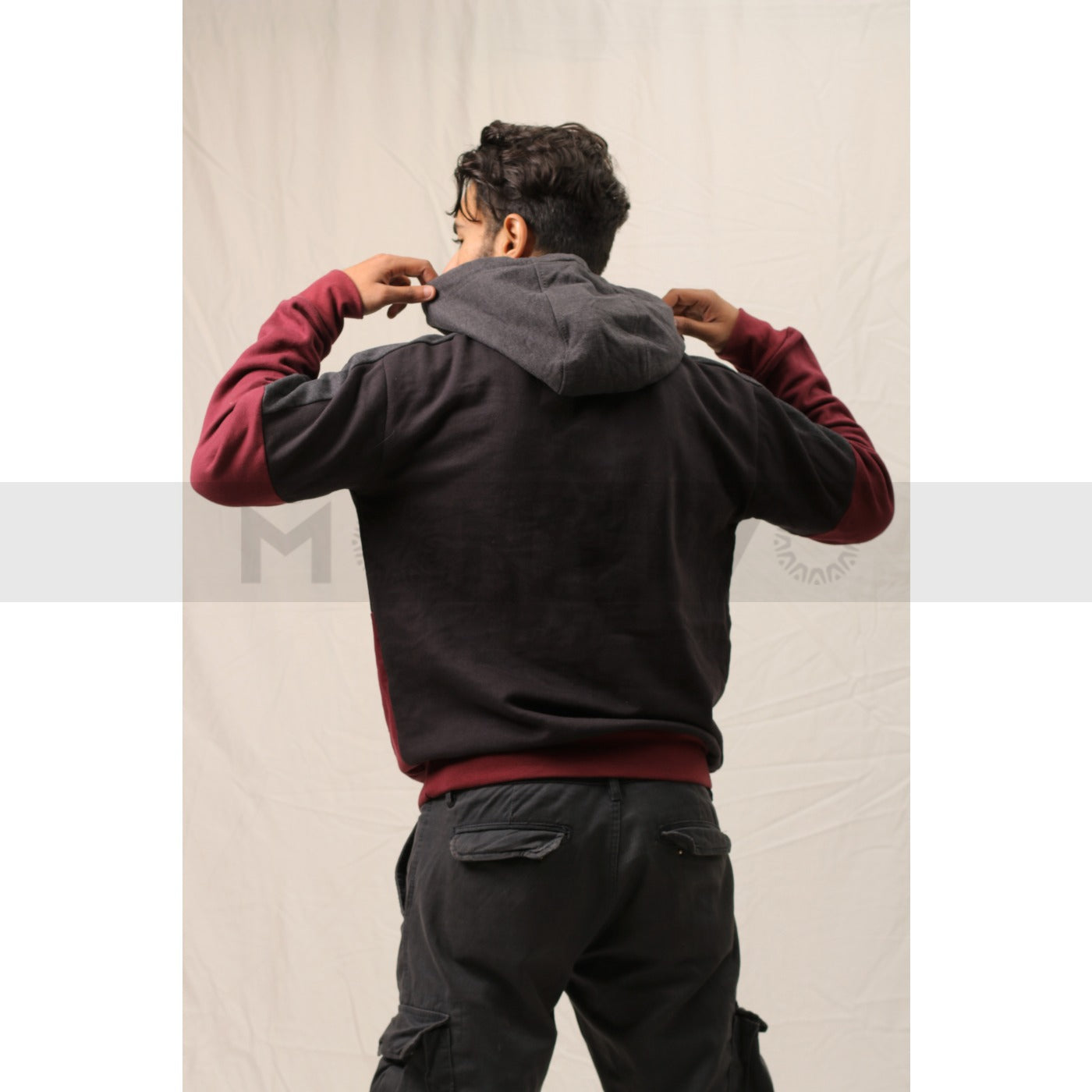 Burgundy Black Colour Block Hoodie | Montivo Pakistan