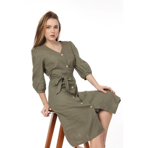 Olive Buttoned Linen Dress | Montivo Pakistan