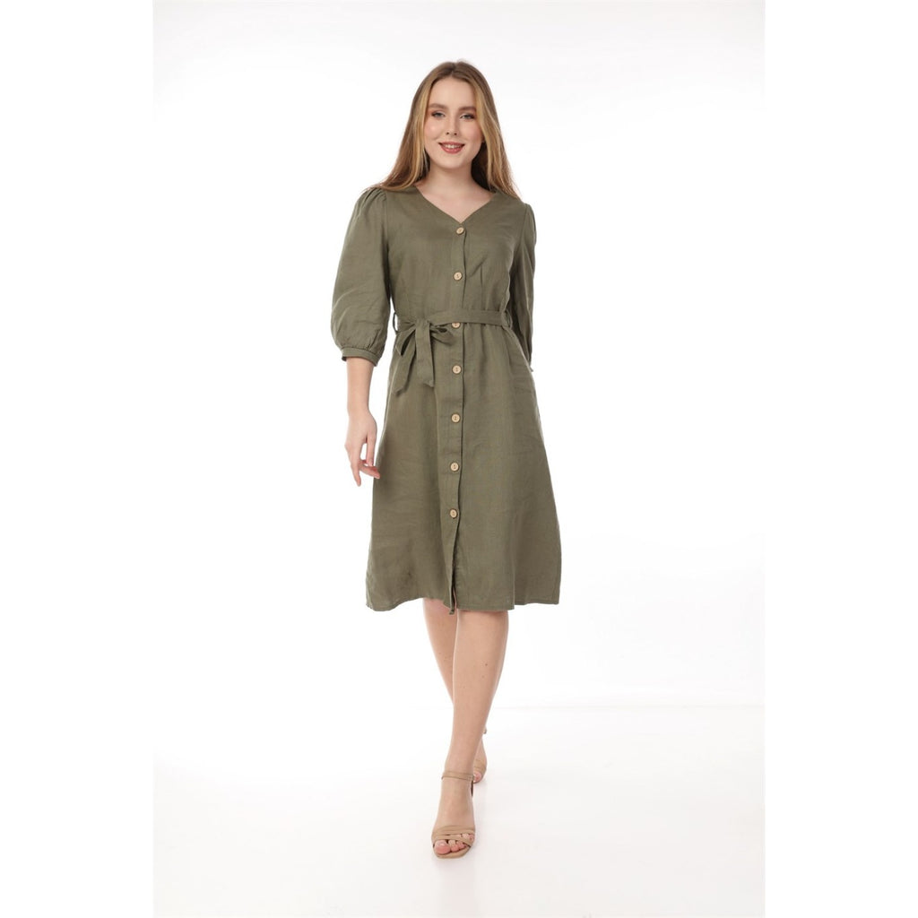 Olive Buttoned Linen Dress | Montivo Pakistan