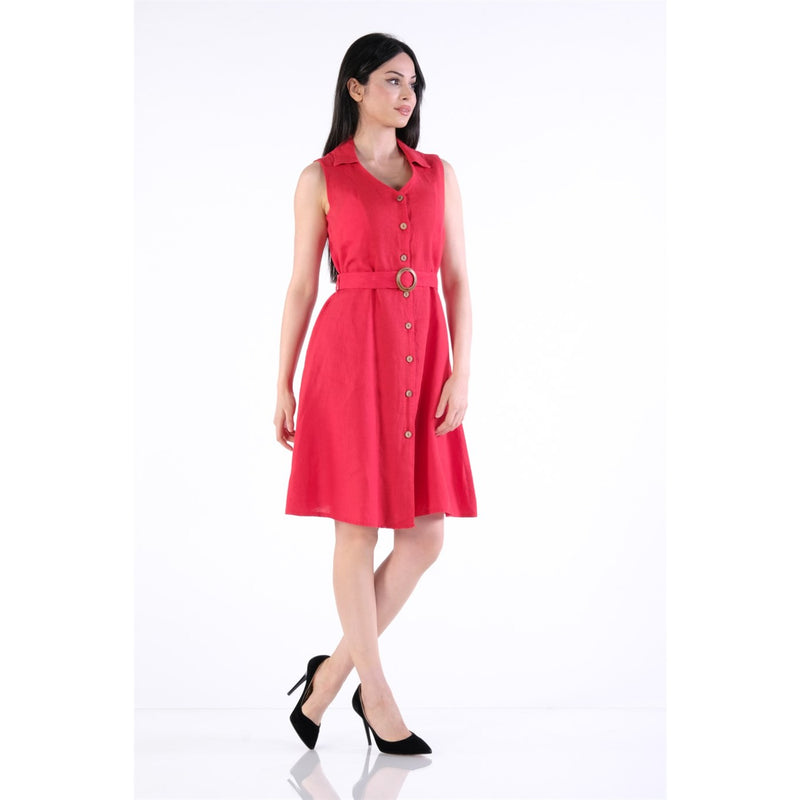 Red Buckle Linen Sleeveless Dress | Montivo Pakistan