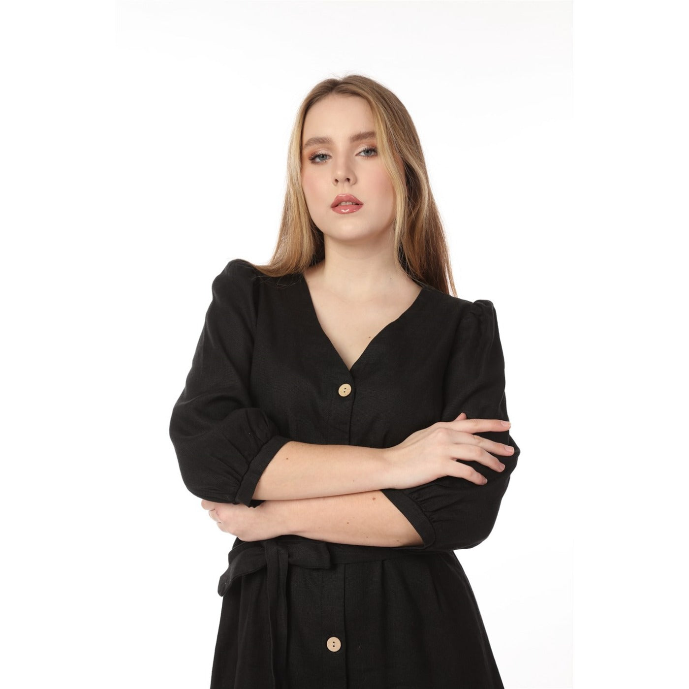 Black Buttoned Linen Dress