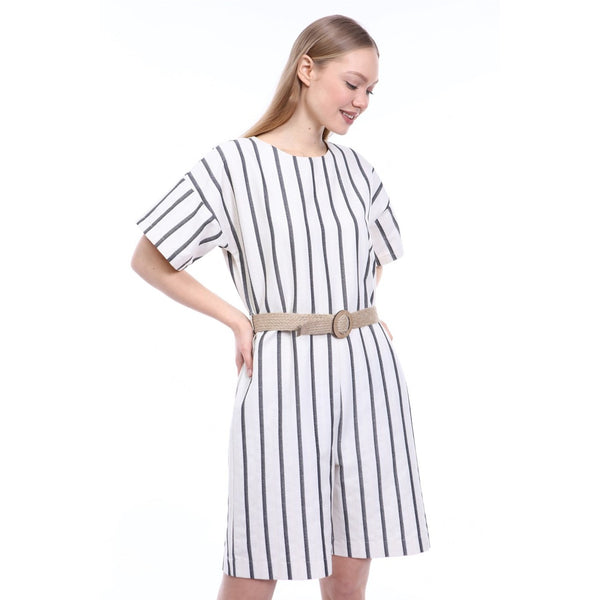 Stripes Beige Black Linen Jumpsuit | Montivo Pakistan