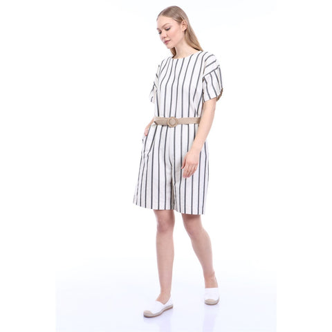 Stripes Beige Black Linen Jumpsuit | Montivo Pakistan
