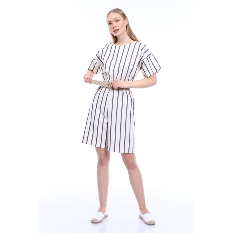 Stripes Beige Black Linen Jumpsuit | Montivo Pakistan
