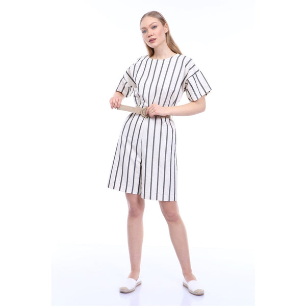 Stripes Beige Black Linen Jumpsuit | Montivo Pakistan