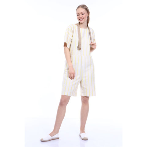 Yellow Stripes Beige Linen Jumpsuit | Montivo Pakistan