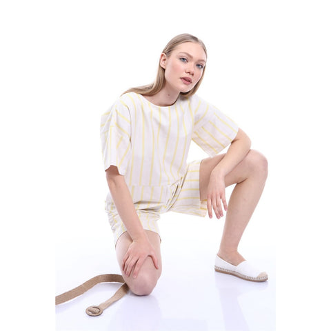Yellow Stripes Beige Linen Jumpsuit | Montivo Pakistan