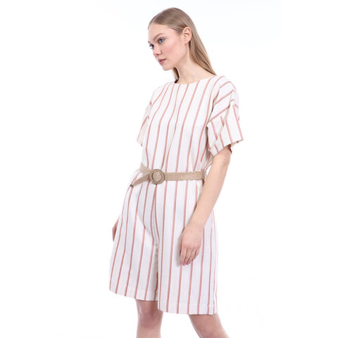Pink Stripes Beige Linen Jumpsuit | Montivo Pakistan