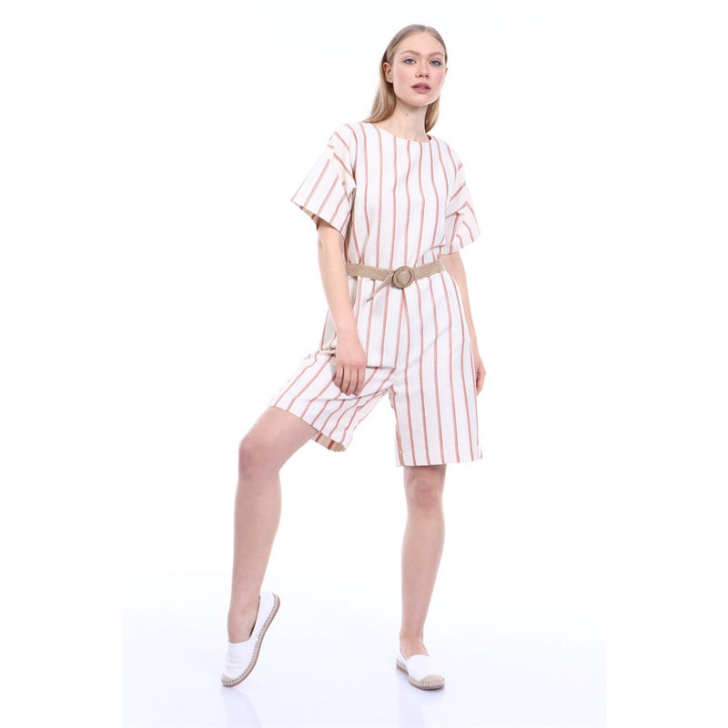 Pink Stripes Beige Linen Jumpsuit | Montivo Pakistan