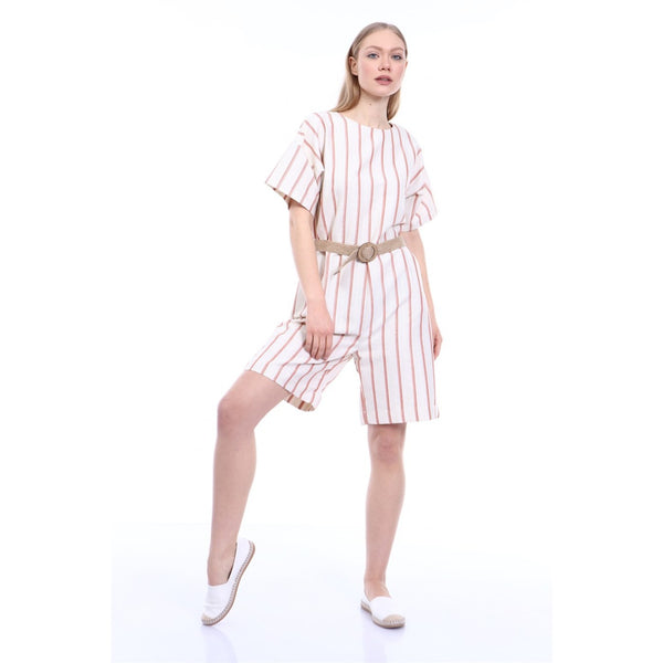 Pink Stripes Beige Linen Jumpsuit | Montivo Pakistan
