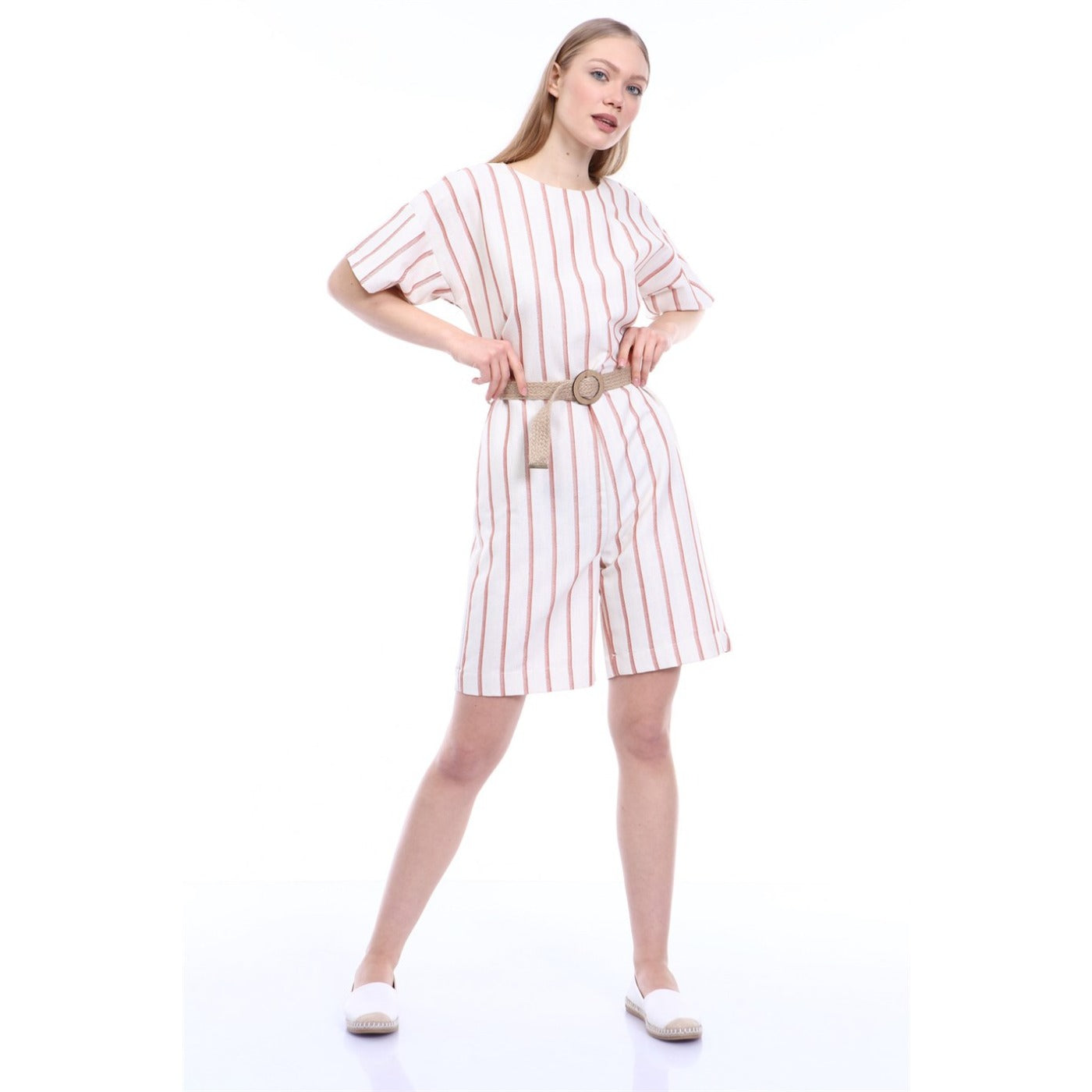 Pink Stripes Beige Linen Jumpsuit | Montivo Pakistan