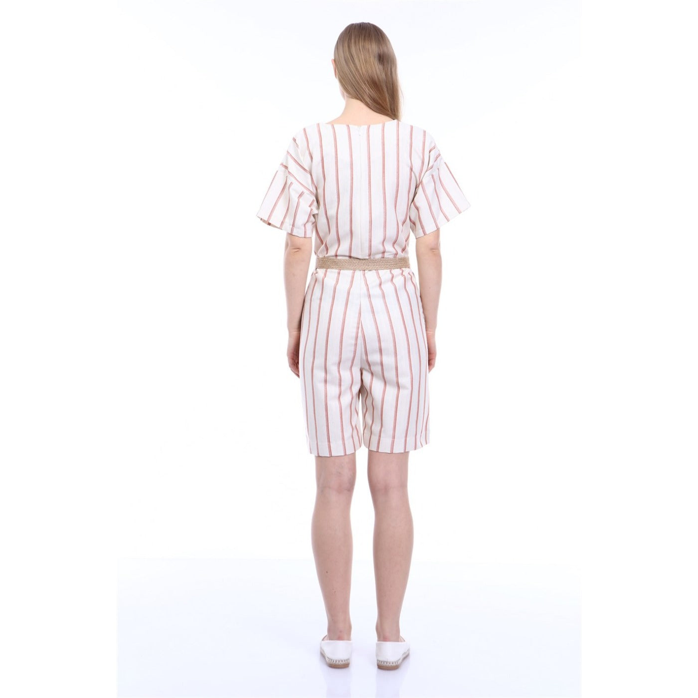 Pink Stripes Beige Linen Jumpsuit | Montivo Pakistan