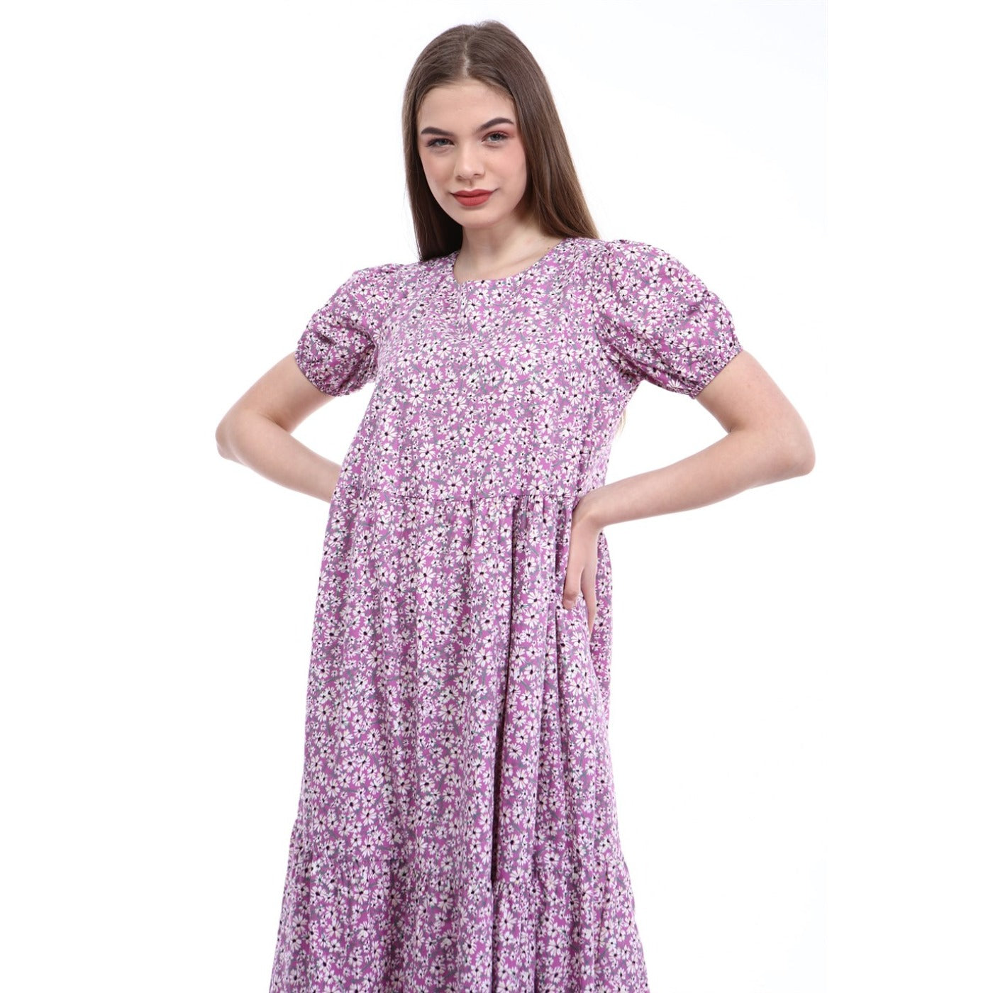 Lilac Floral Poplin Dress | Montivo Pakistan