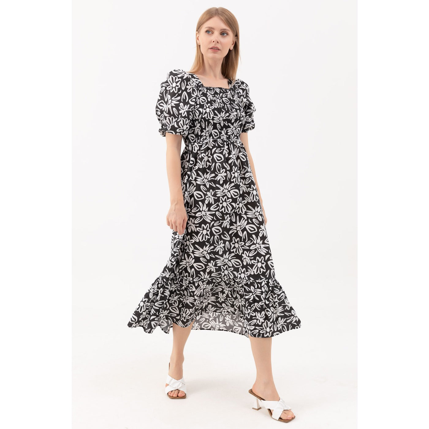 Black Floral Square Collar Dress | Montivo Pakistan