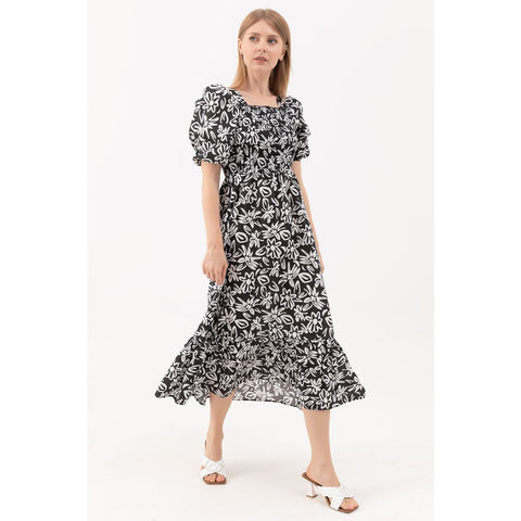 Black Floral Square Collar Dress | Montivo Pakistan