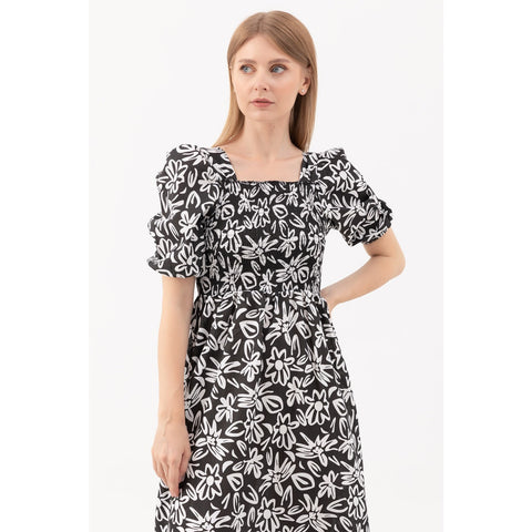 Black Floral Square Collar Dress | Montivo Pakistan