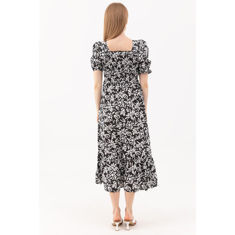 Black Floral Square Collar Dress | Montivo Pakistan