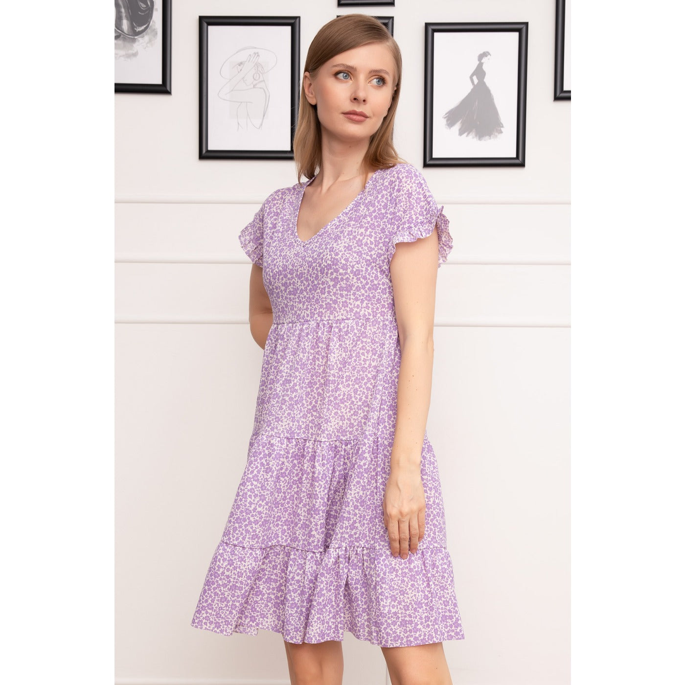 Lilac V-Neck Patterned Dress | Montivo Pakistan