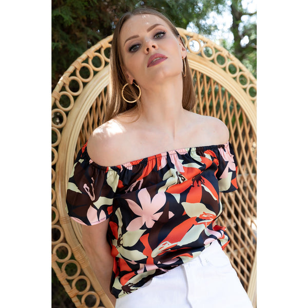 Red Printed Offshoulder Blouse | Montivo Pakistan