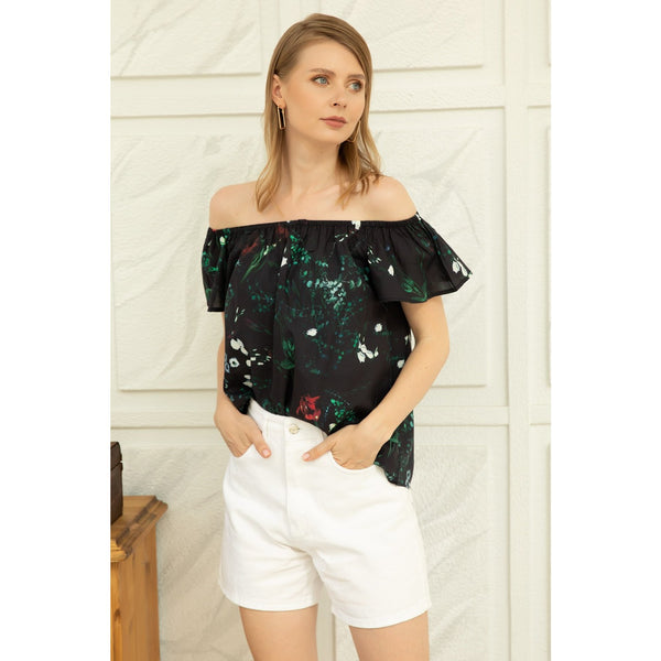 Black Printed Offshoulder Blouse | Montivo Pakistan