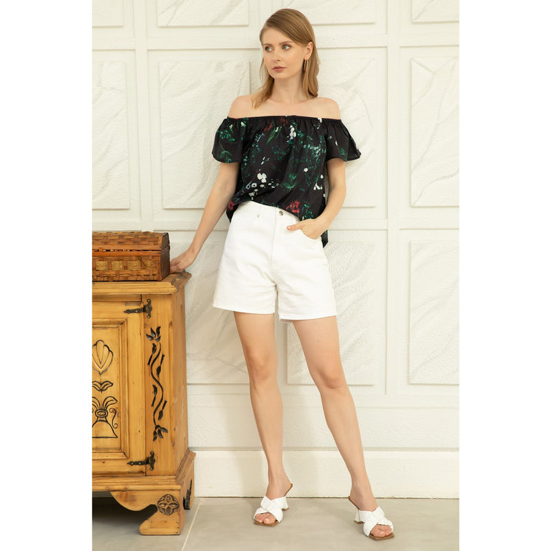 Black Printed Offshoulder Blouse | Montivo Pakistan