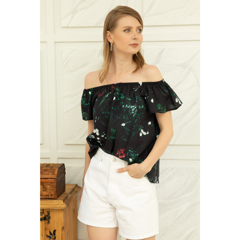 Black Printed Offshoulder Blouse | Montivo Pakistan