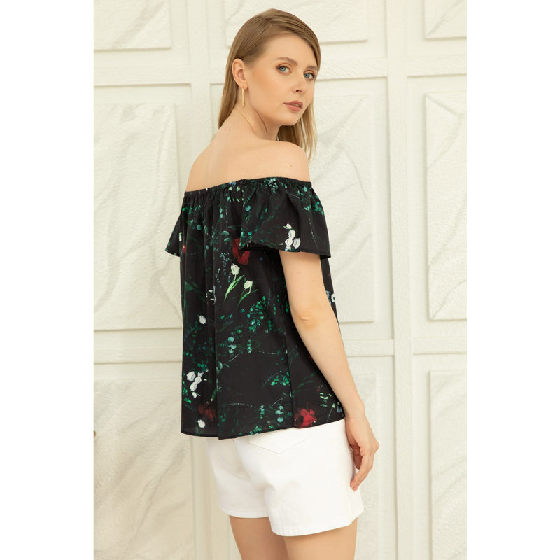 Black Printed Offshoulder Blouse | Montivo Pakistan