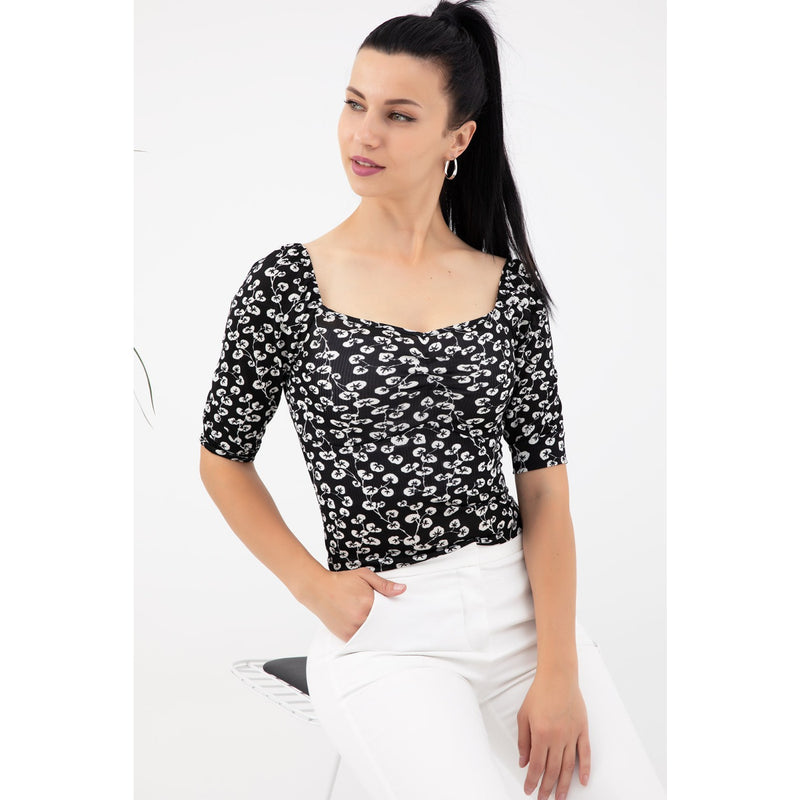 Black Floral Square Neck Top | Montivo Pakistan