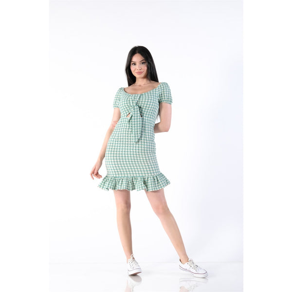 Neck Belted Plaid Green Dress | Montivo Pakistan