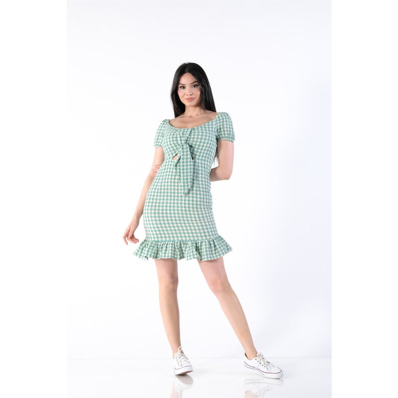 Neck Belted Plaid Green Dress | Montivo Pakistan