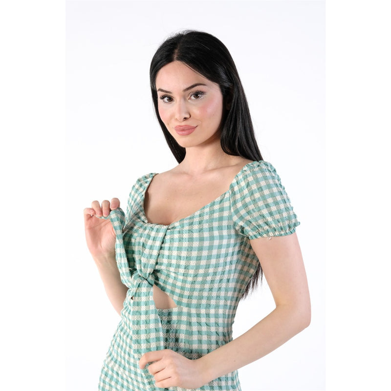 Neck Belted Plaid Green Dress | Montivo Pakistan