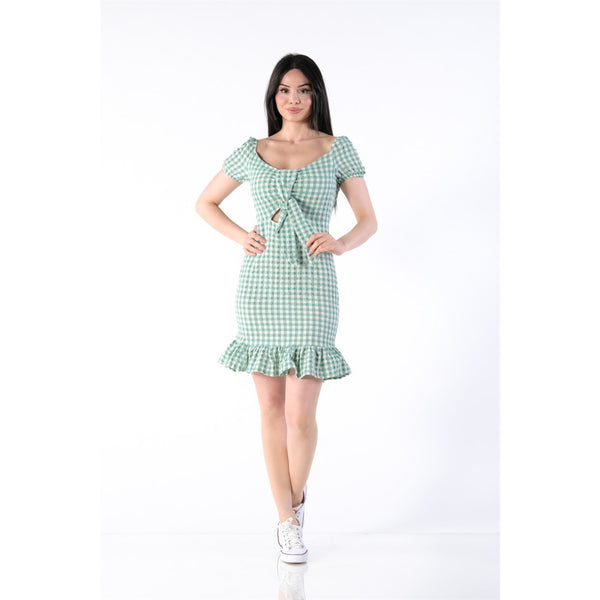 Neck Belted Plaid Green Dress | Montivo Pakistan