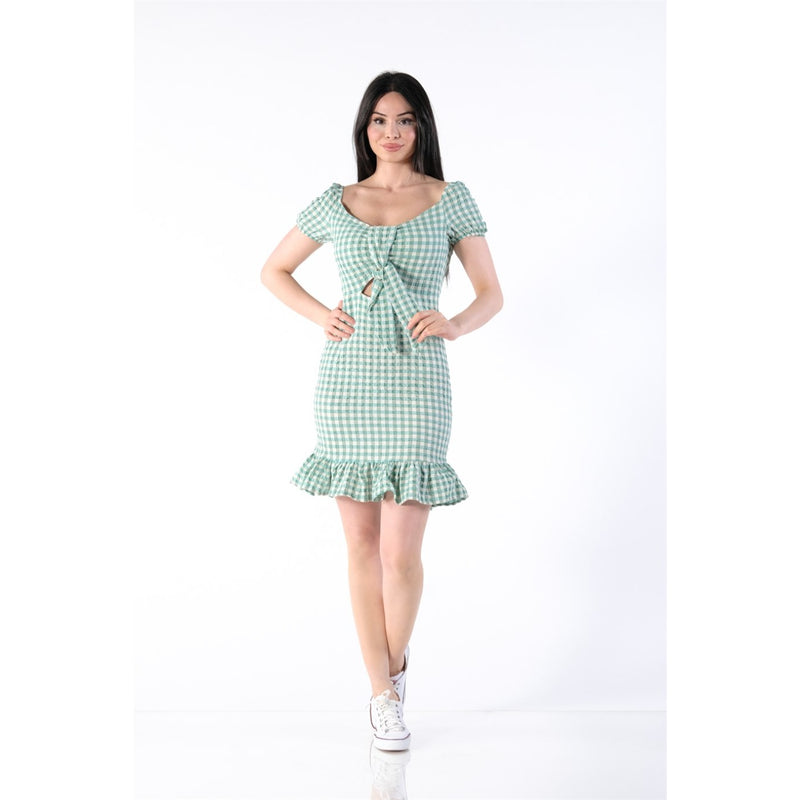 Neck Belted Plaid Green Dress | Montivo Pakistan