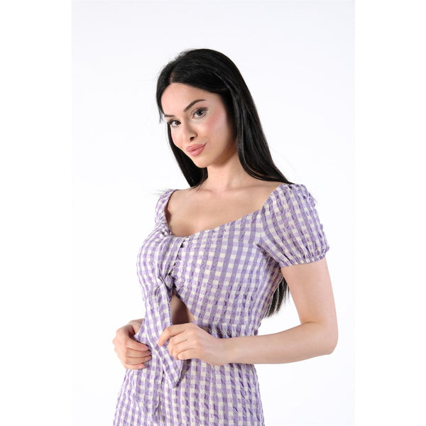 Neck Belted Plaid Lilac Dress | Montivo Pakistan